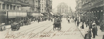 Légende de l'illustration : Boulevard Anspach, carte postale (détail), Fonds Crédit Communal – Belfius Banque, DE24-238 © Académie royale de Belgique / urban.brussels. 