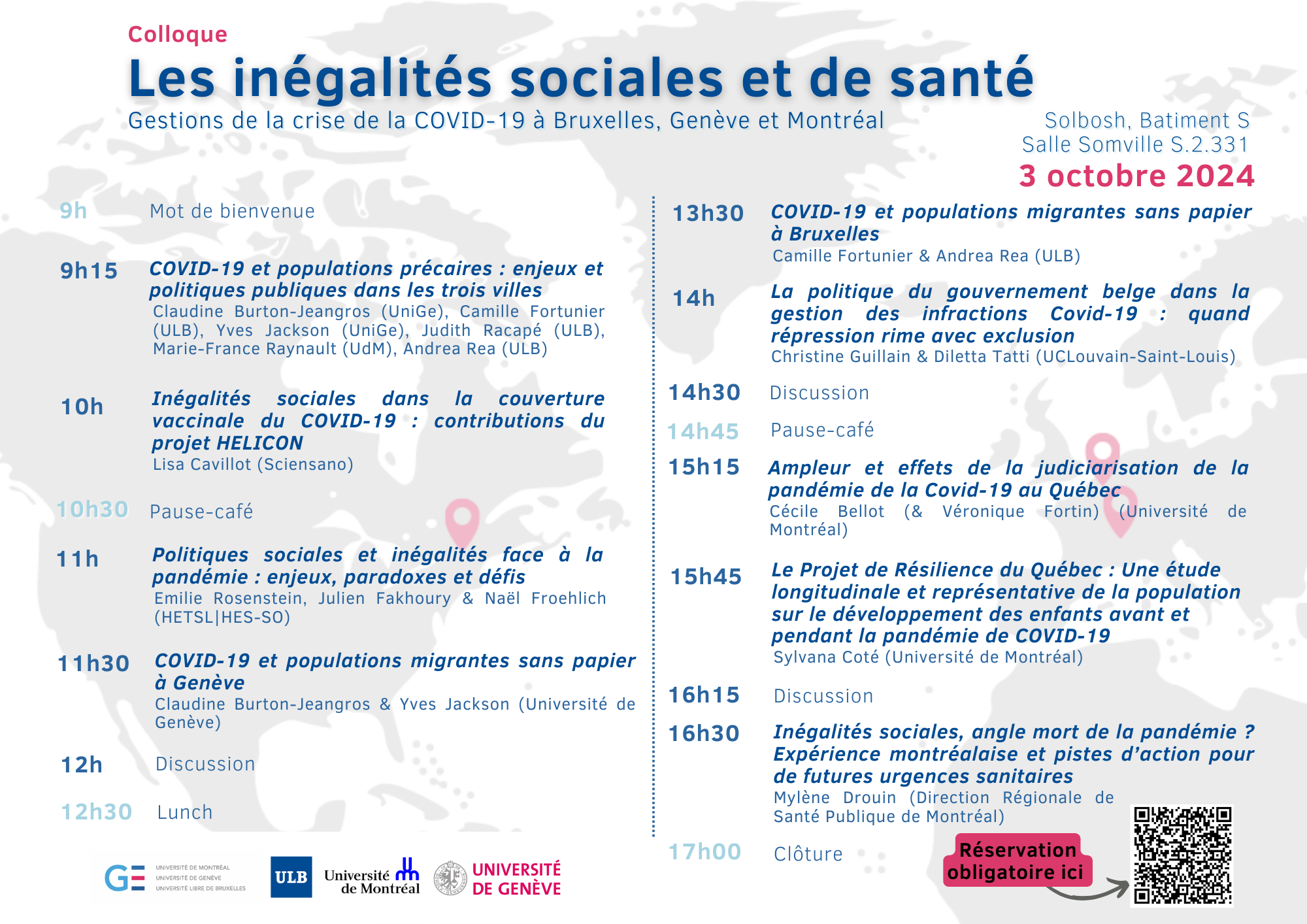 Programme Colloque Les inégalités sociales et de santé. Comparaison de gestion de la crise du COVID-19 à Bruxelles, Genève et Montréal